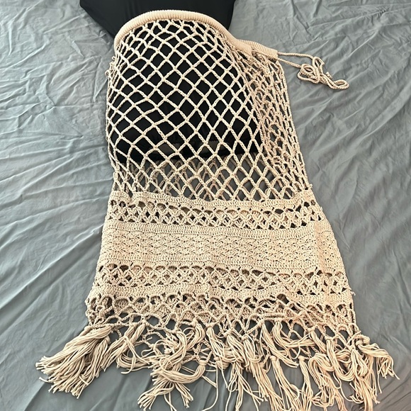Anthropologie Crochet Beach Wrap Maxi Skirt One Size Fringe Tan Adjustable - Picture 4 of 7